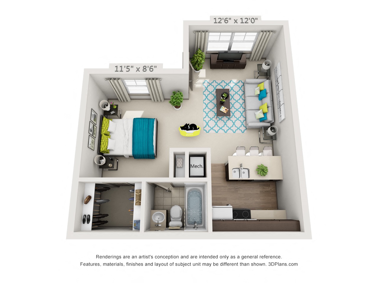 Floor plan for studio, 1 bath, 505 sqft